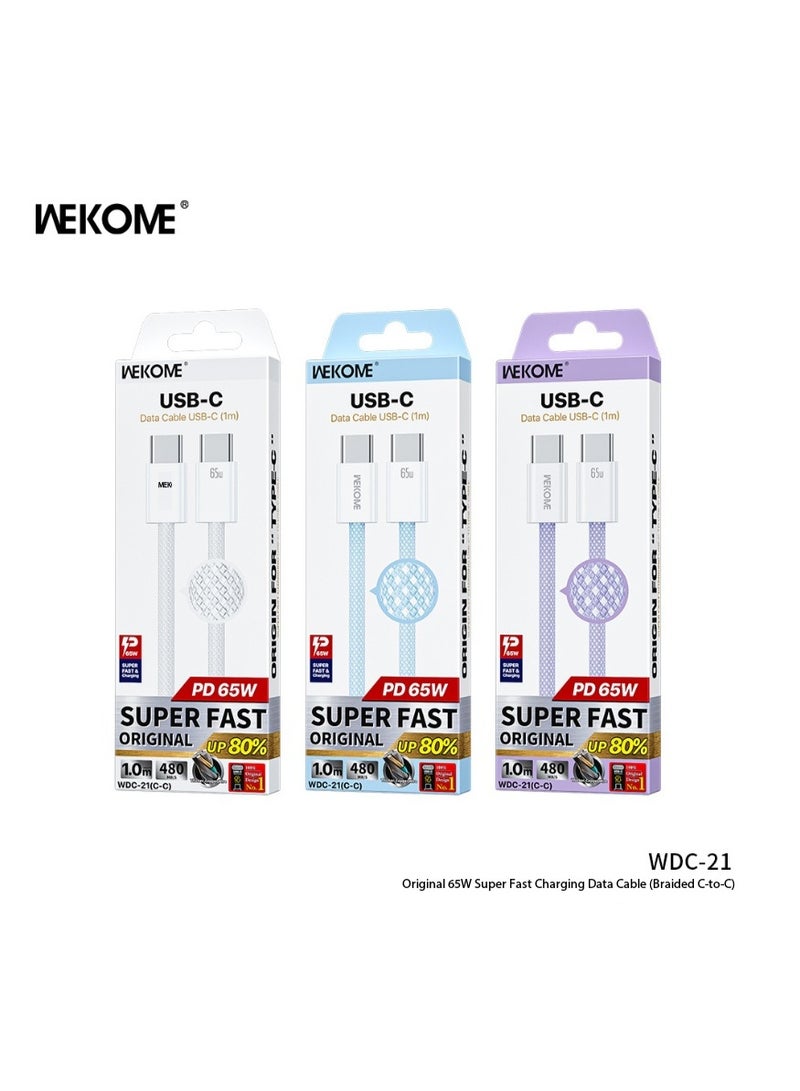 WEKOME 3-Pack 65W Colorful Braided Super-Fast Charging Data Cables (Type-C Interface/1 Meter/Nylon Braided) - New Three Colors | PD 65W Ultra-Fast Charging | 480MB/s High-Speed ​​Transfer - Image 4